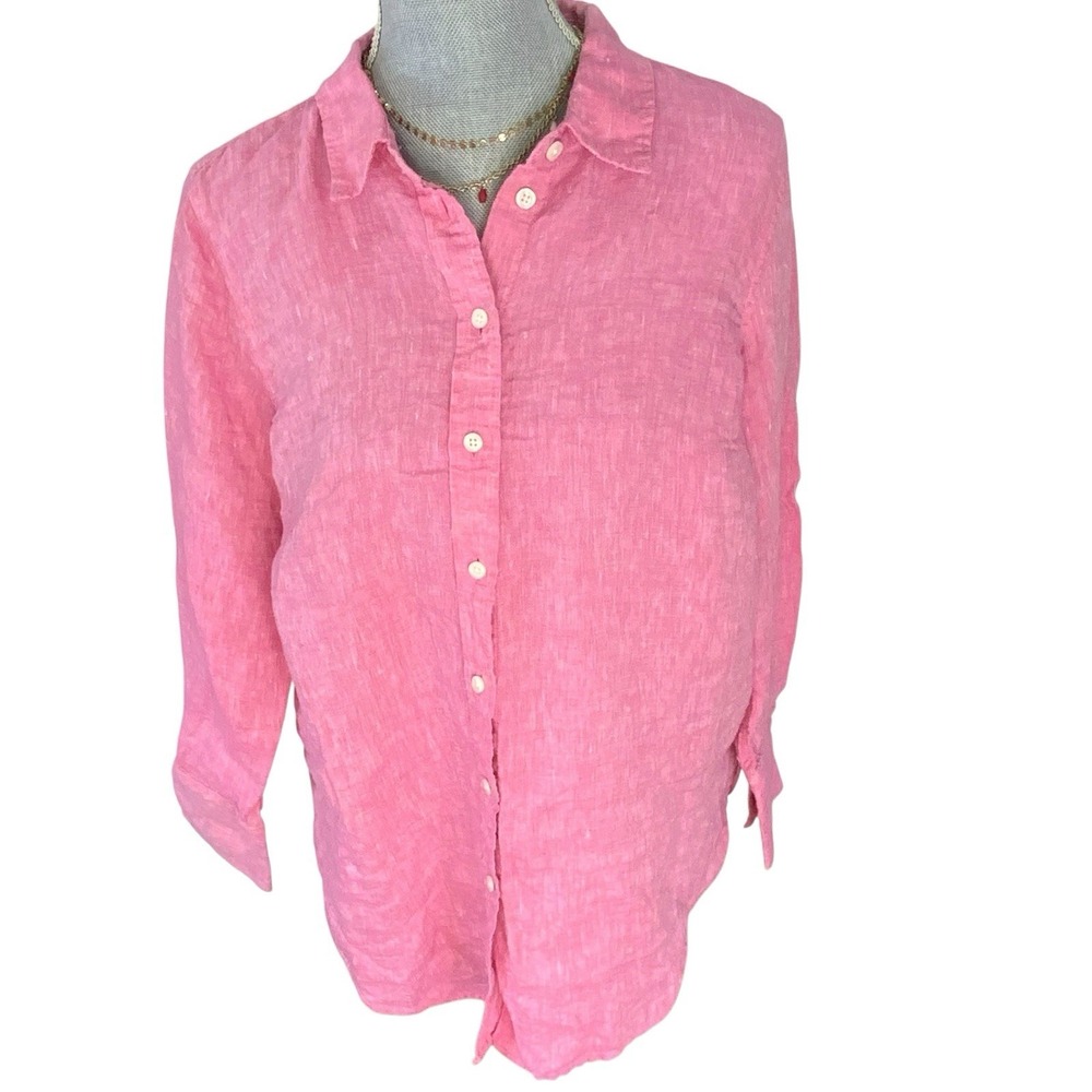 Talbots Button Up Shirt Womens Large Pink 100% Linen Long Sleeve Preppy READ